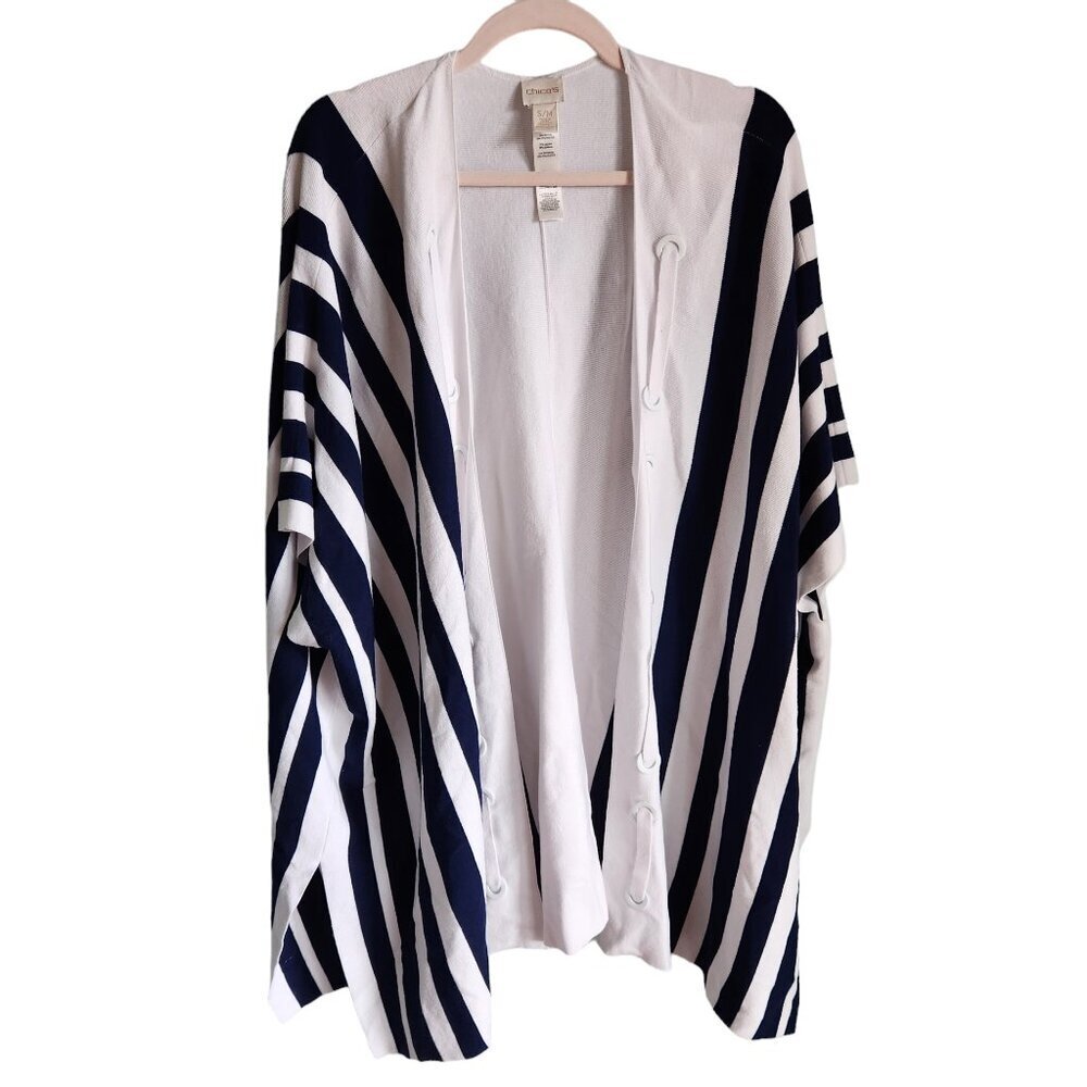 Chico's Sweater Women's Medium White Blue Cardigan Poncho Striped Oversized